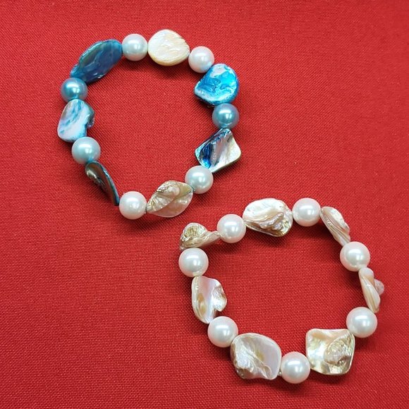 Brown White & Blue Shell Bead Stretch Bracelet Set of 2 - Picture 3 of 11